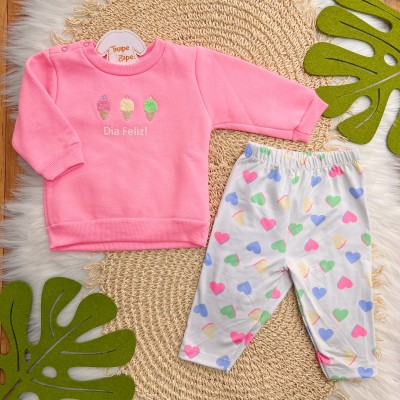  Conj. Blusa de Moletom Sorvetinhos "Dia Feliz" e Legging Corações - Rosa Neon